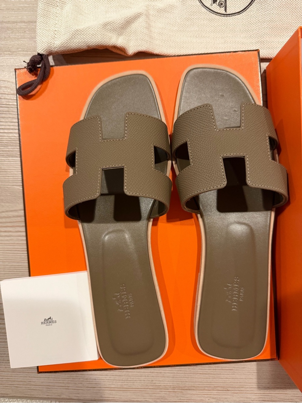 Hermes Olive Slide Sandals in Étoupe Size 40